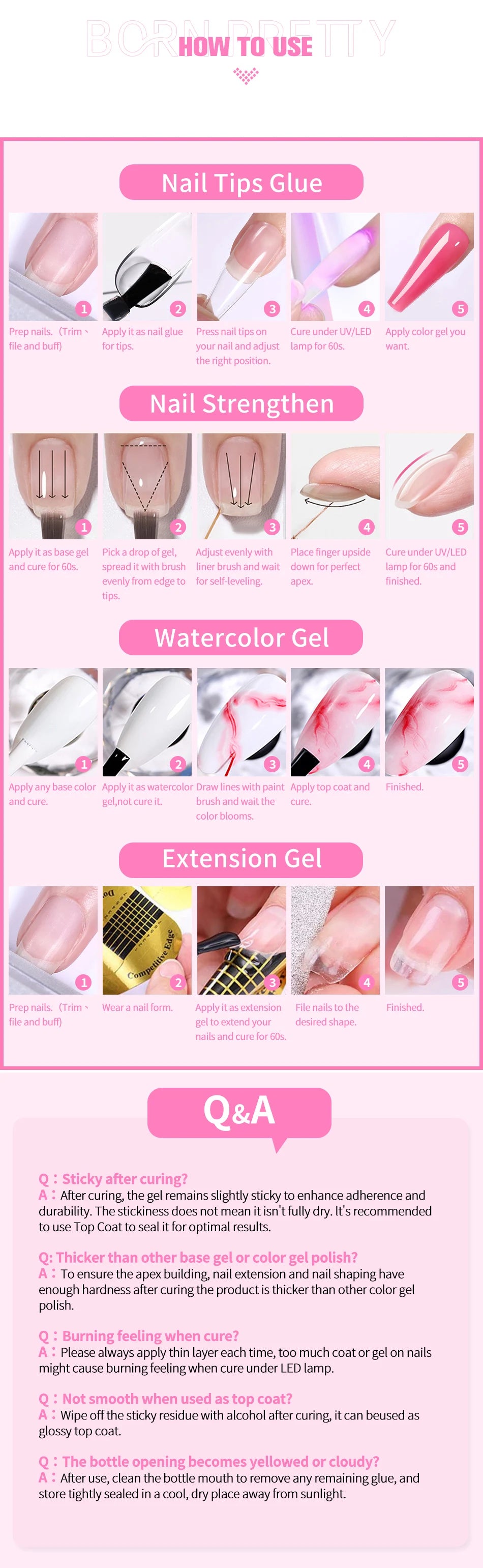6 IN 1 Nail Glue Gel 15ML for Acrylic Nails Soak off Base Gel Top Coat UV Extension Nail Gel False Nail Tips Gel