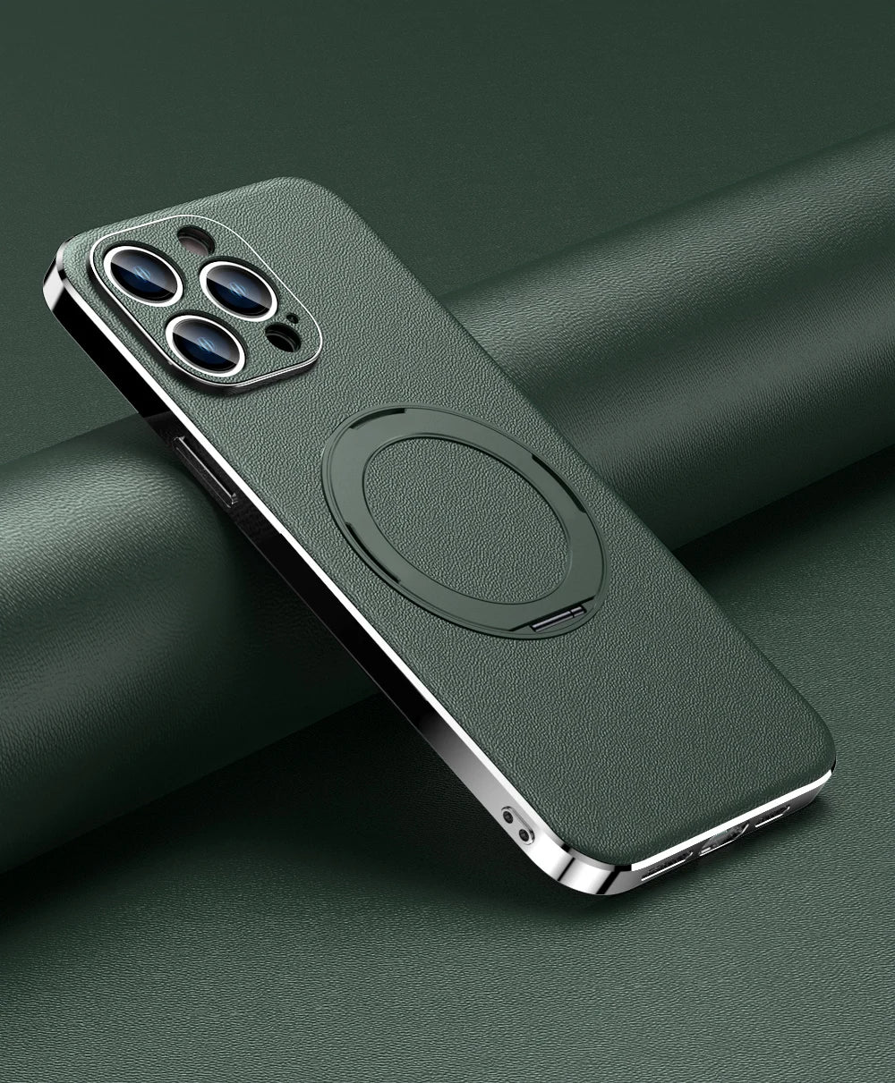 Leather for Magsafe Case for iPhone 16 15 14 Pro Max 16Pro Ring Luxury Lens Protection Holder Phone Back Cover