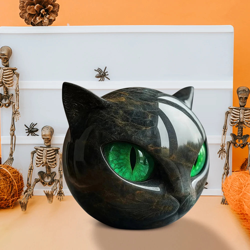Green Eyes Cat Head Sculpture 3D Resin Healing Stone Marble Texture Cats Figurines Sculpture Gifts for Cat Lovers Women Men