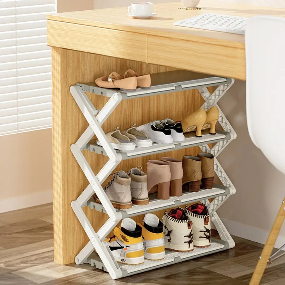 Foldable Shoe Rack X-Shaped 3/4 Layers Shoes Shelf Household Space Saving 2 Modes Multi-Functional Integrated Narrow Shoe Rack