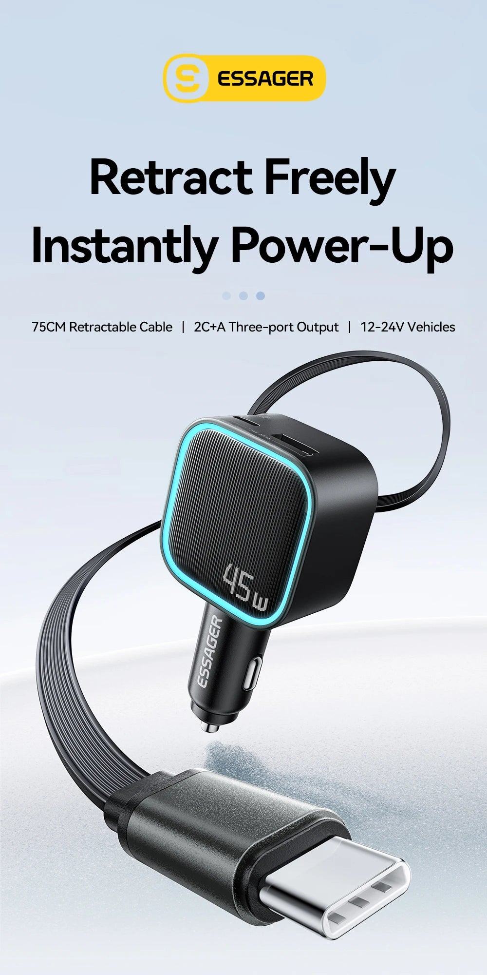 45W Car Charger with 75CM Retractable Cable PD Fast Charging USB C & USB A 3 Port Adapter