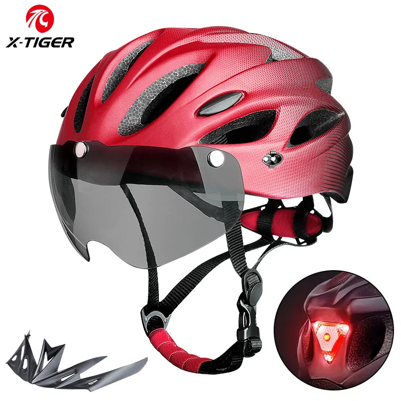 Ultra Lightweight Cycling Helmet With Magnetic Goggles And LED Rear Light