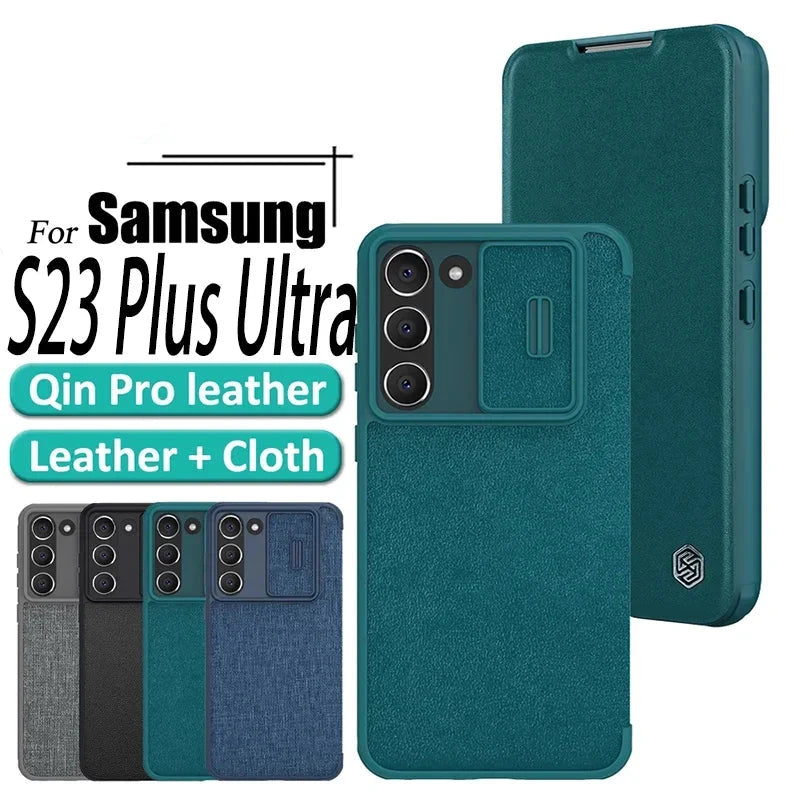 QIN Pro Plain Leather Cloth Case For Samsung Galaxy S23 Plus Ultra Flip Phone Camera Slider Protection Cover Card Holder