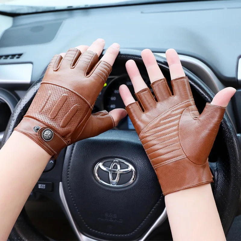 Sheepskin Half Finger Gloves For Fitness Driving High Quality Genuine Leather Gloves Fingerless Brown Driver Sports