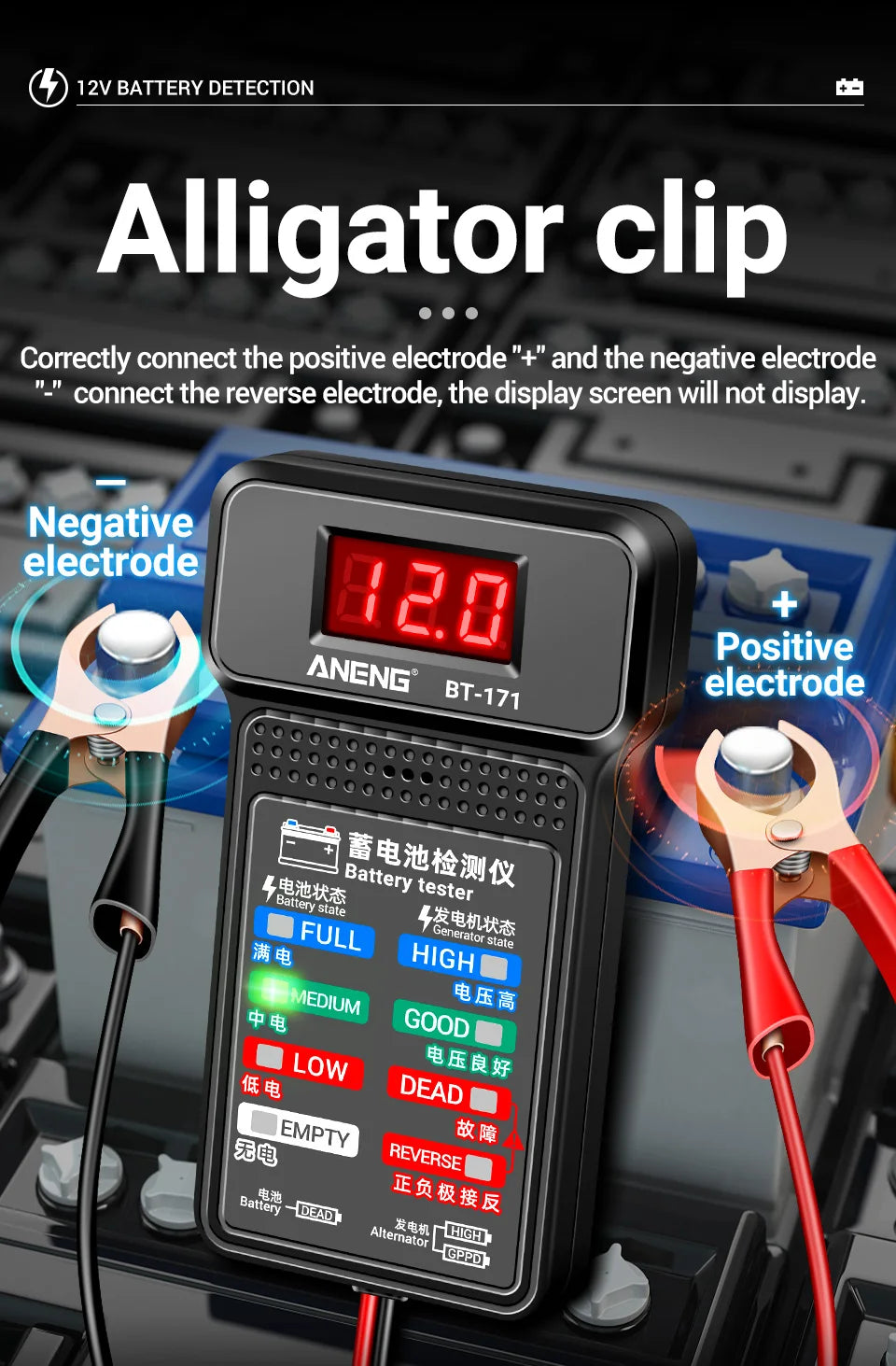 Multifunctional Battery Testers 12V Auto Repair Industry Detection with LED Reverse Display Screen Electrician Tool