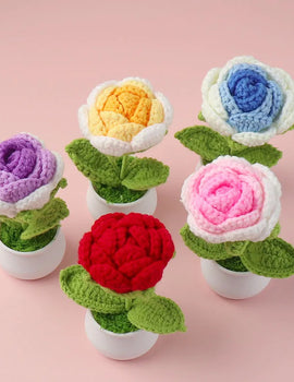 3 Pcs Handmade Knitted Gradient Blue Rose Flower Potted Plant Desktop Ornament Finished Wool Crochet Flower Pot Home Room Decoration