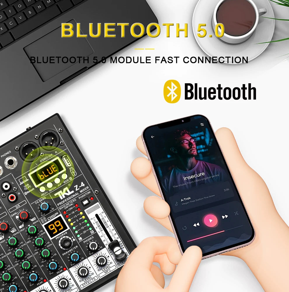 4 Channel Audio Mixer With 99 DSP Effects Bluetooth USB And 48V Phantom Power