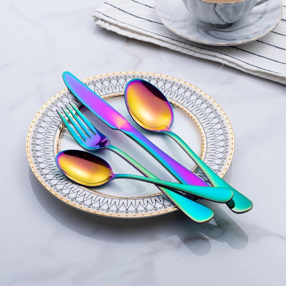 24pcs Golden Tableware Set Light Luxury Stainless Steel Cutlery Fork Knife Spoon Dinnerware Set Minimalist Decor with Gift Box