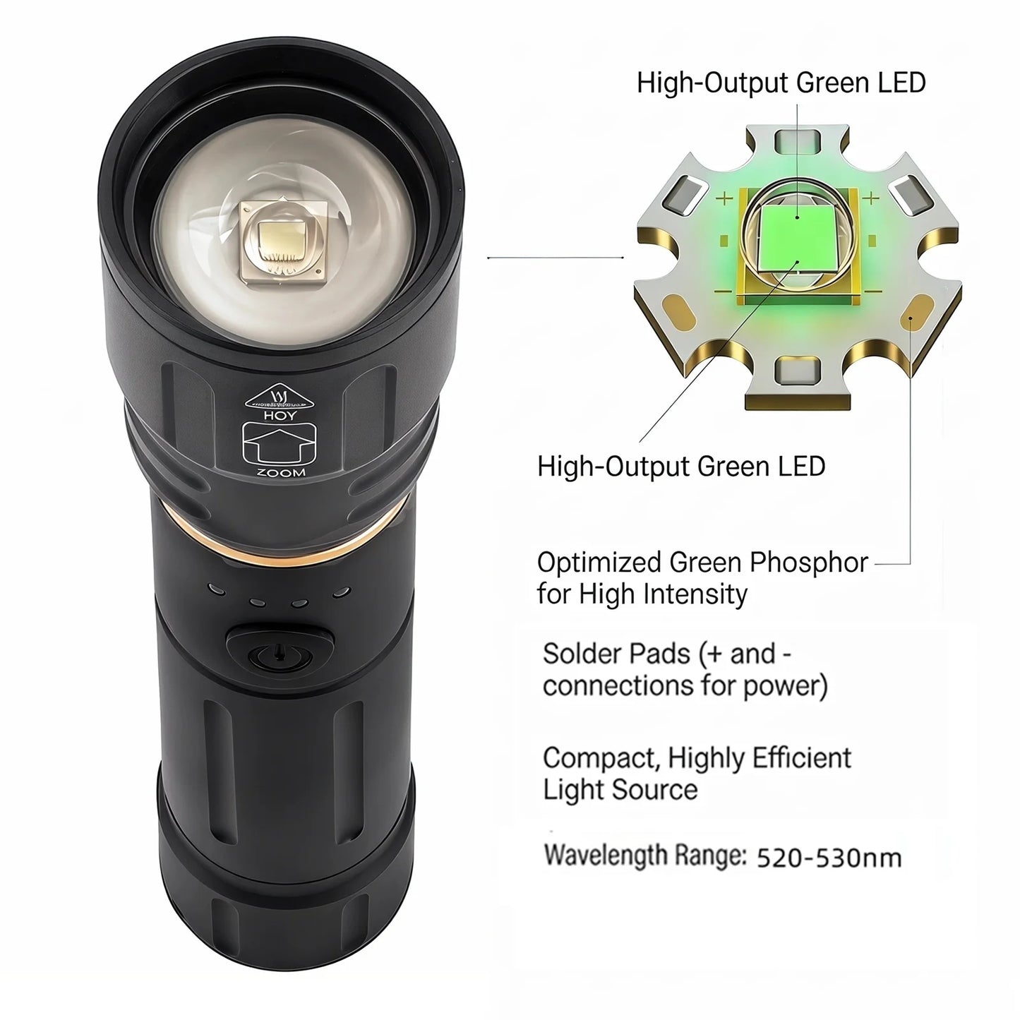Zoom Green Light Rechargeable LED Flashlight