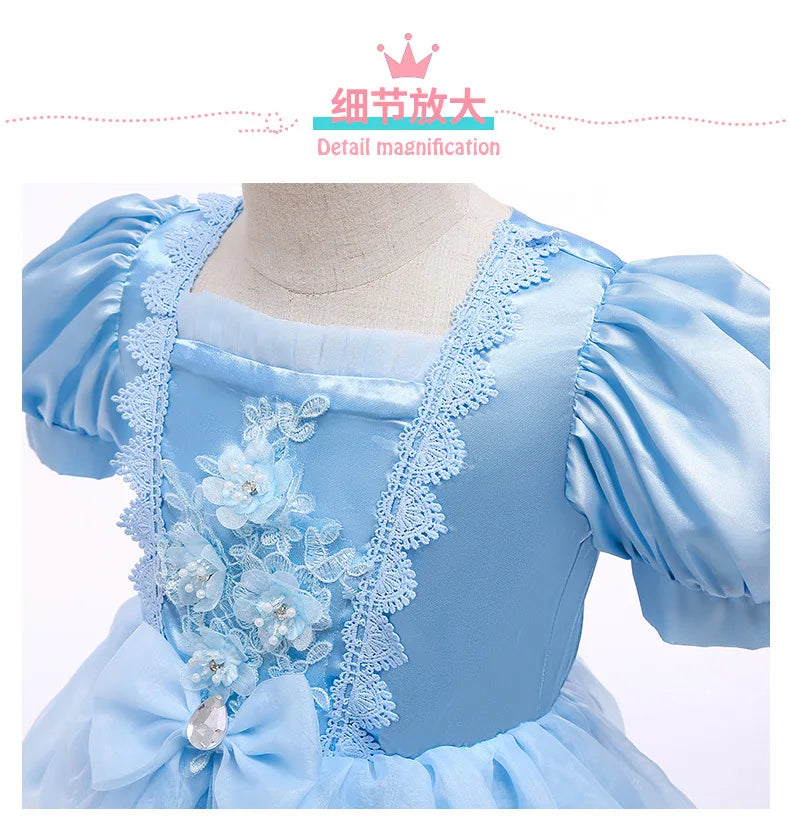 Summer Girls Flower Cosplay Costume Ball Gown Princess Kids Blue Clothes Dress Lace Mesh Birthday Party Clothes for Children