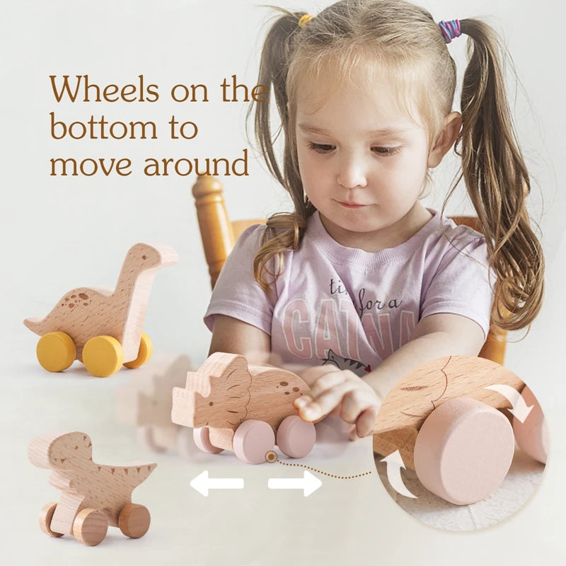 Baby Wooden Beech Car BPA Free  Cartoon Dinosaur Trolley Baby Toy Scene Building Block Hand-decorated Room Handmade Crafts Gifts