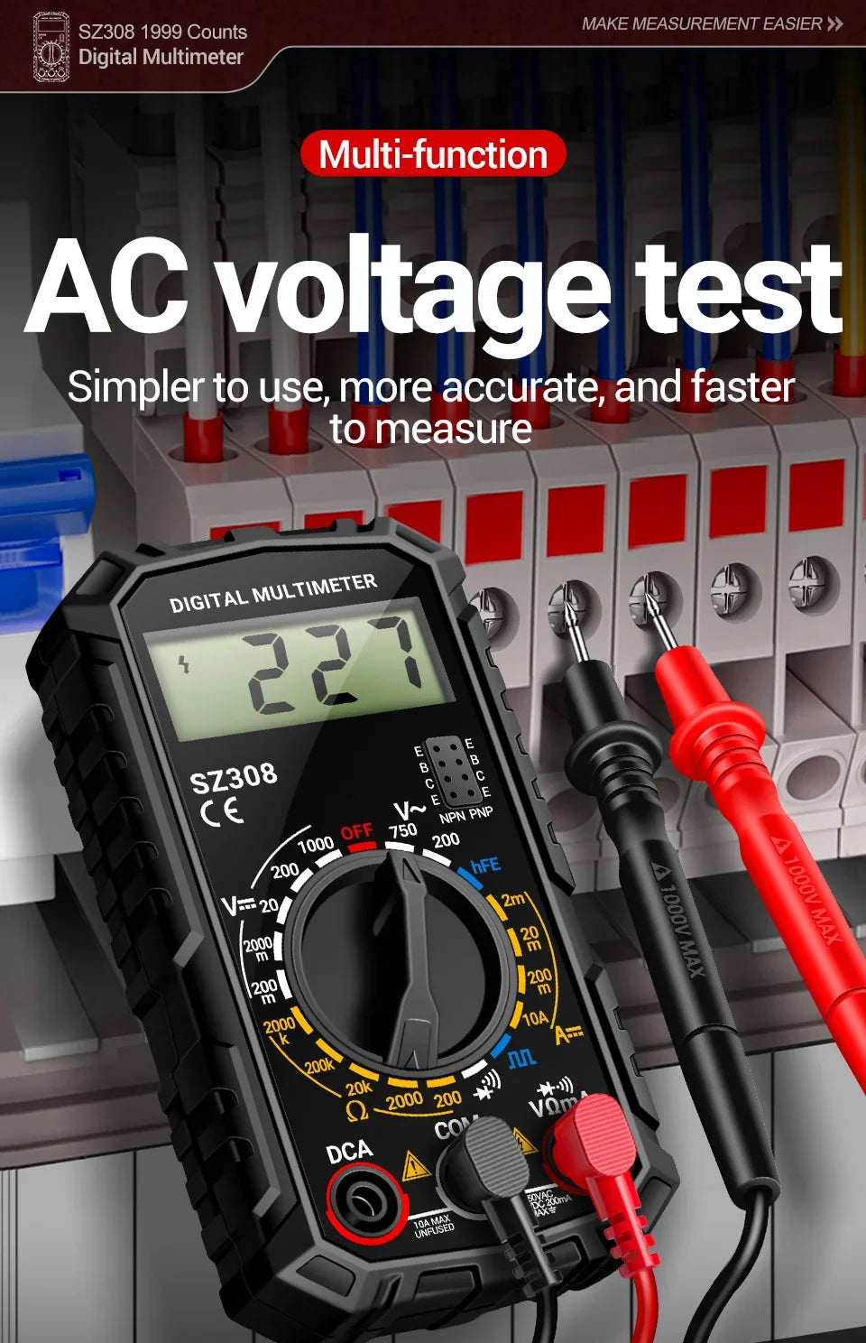 Square Wave Digital Tester 1999 Counts HFE Triode Buzzer Multimeter AC/DC Voltage 10A Current Multimeters Meter Tool