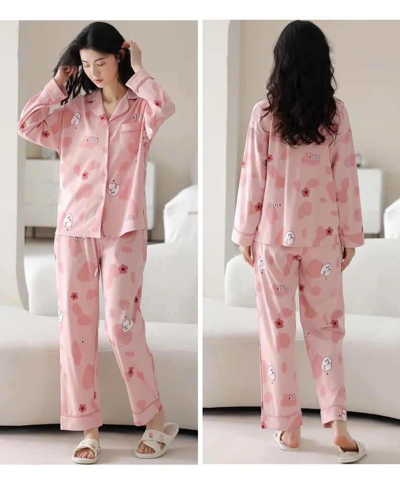 Women’s Winter 100% Cotton Pajama Set – Loose Fit, Turn-Down Collar, Long Sleeves, Cute Pink