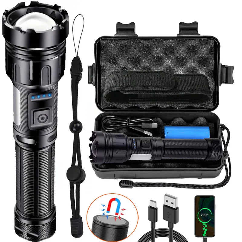 Rechargeable LED Flashlight With Magnetic Base Zoom And Power Display