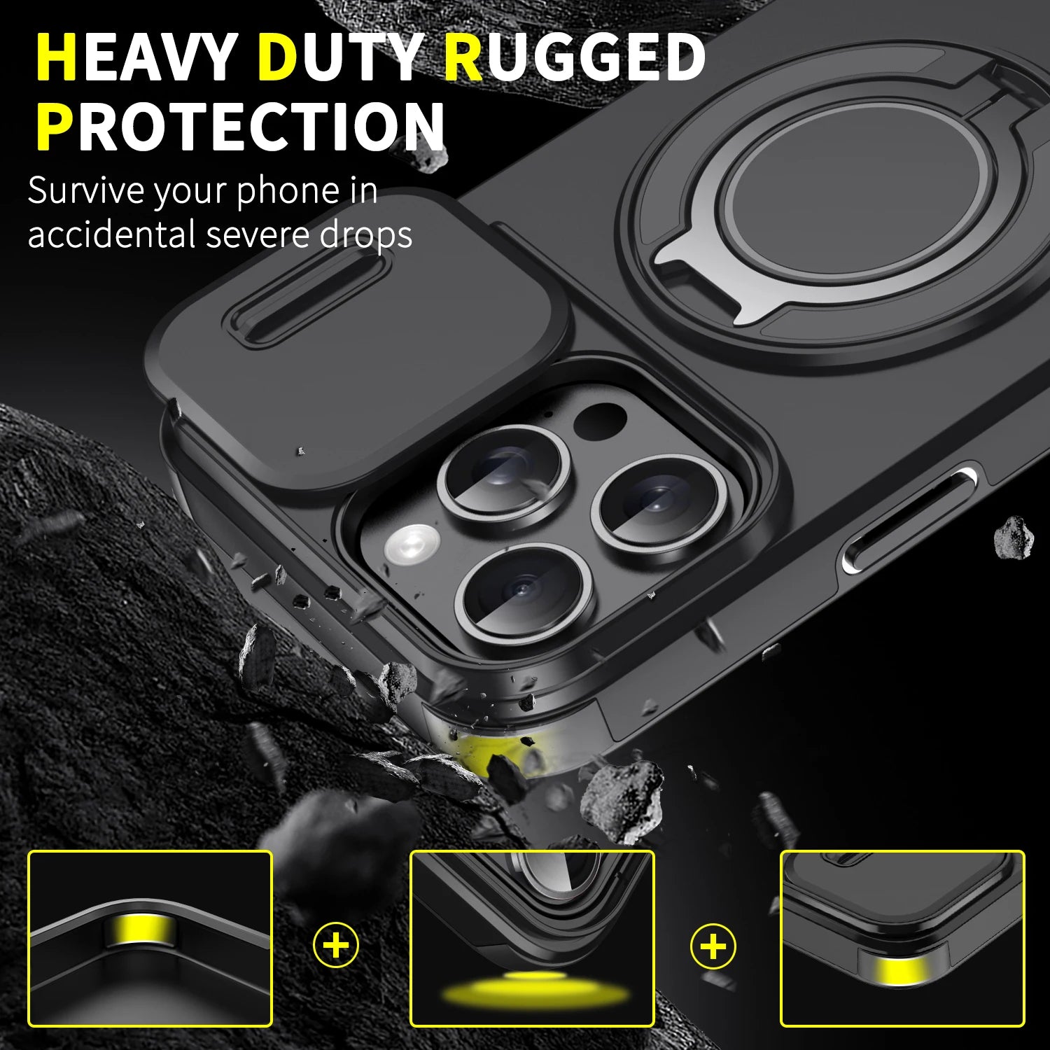 Heavy-Duty Armor Slide Camera Protection Case For iPhone 16 15 14 13 12 11 Pro Max Plus Magnetic 360° Rotating Ring Stand Cover