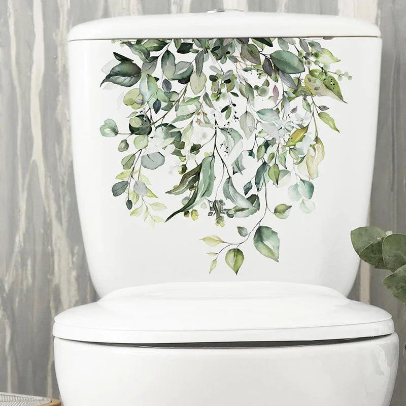 Green Plant Leaves Bathroom Toilet Sticker WC Closestool Wall Sticker Self Adhesive Mural Beautify Flower Home Decoration Decals