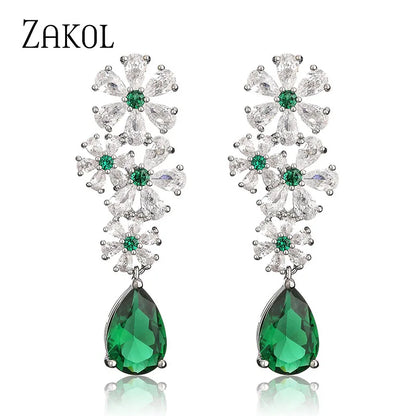 Vintage Luxury Green CZ Water Drop Flower Dangle Earrings