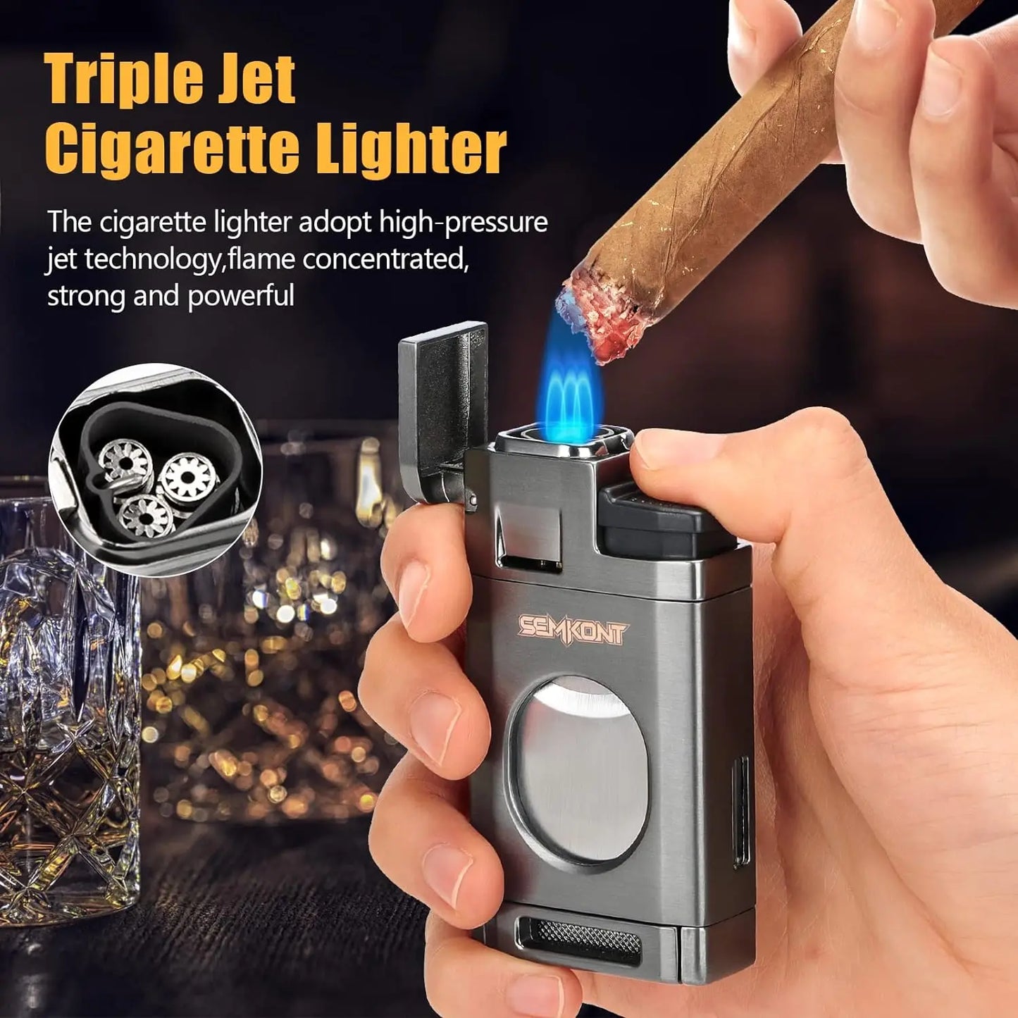 Cigar Lighter Triple Jet Flame Cigar Cutter Windproof Butane Refillable Torch Lighters 2 in 1 Multifunctional Ashtray Set