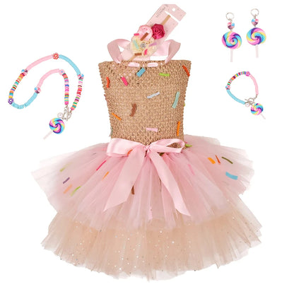 Girls Candy Dress Costumes for Purim Party Newborn Baby Teenagers Handmade Lollipop Cosplay Rainbow Mesh Princess Dress