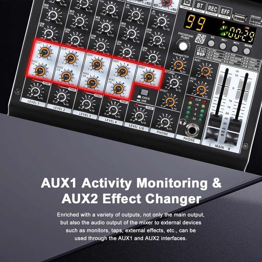 6 Channel Professional Audio Mixer Console with 99 DSP Effects