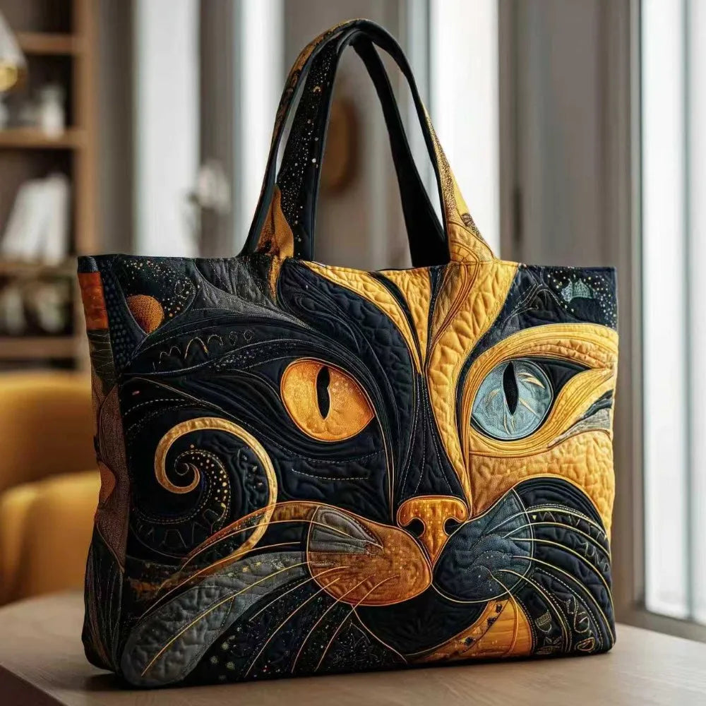 Cat Print Quilted Cotton Tote Bag Large Capacity Travel Shopping Handbag