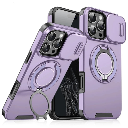 Heavy-Duty Armor Slide Camera Protection Case For iPhone 16 15 14 13 12 11 Pro Max Plus Magnetic 360° Rotating Ring Stand Cover