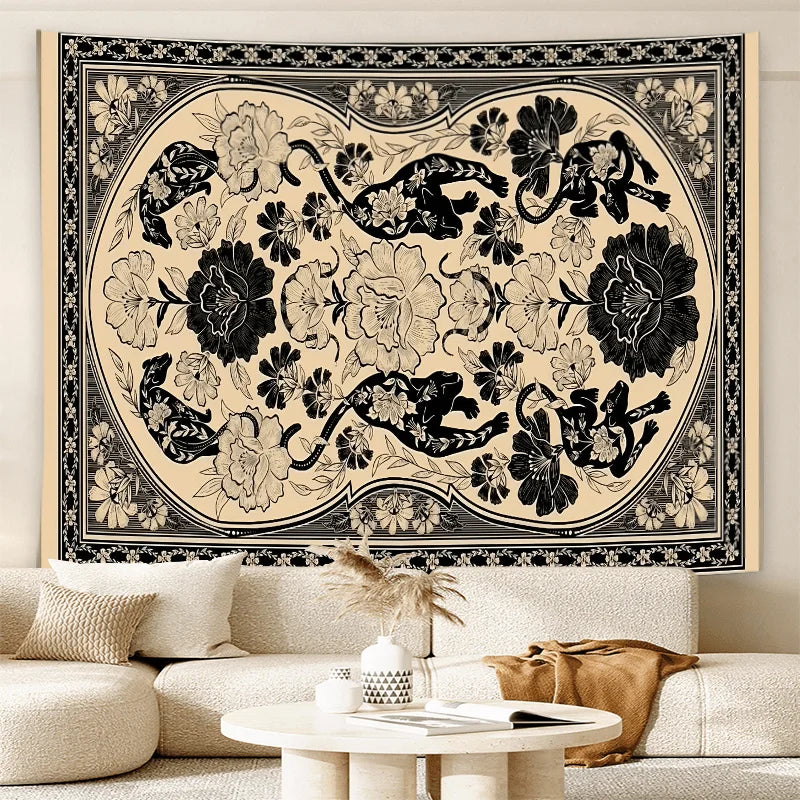 Art Black and White Leopard Print Floral Tapestry Retro Living Room Sofa Decor for Cafes Bohemian Style Home Decor