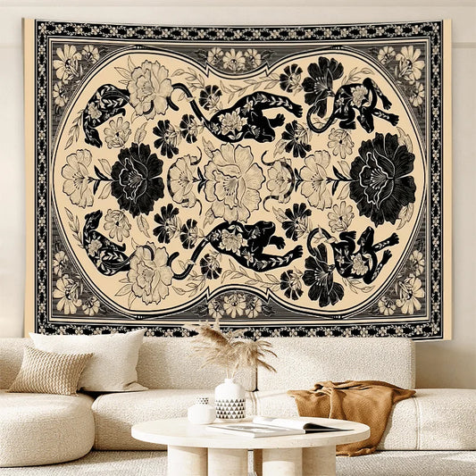 Art Black and White Leopard Print Floral Tapestry Retro Living Room Sofa Decor for Cafes Bohemian Style Home Decor