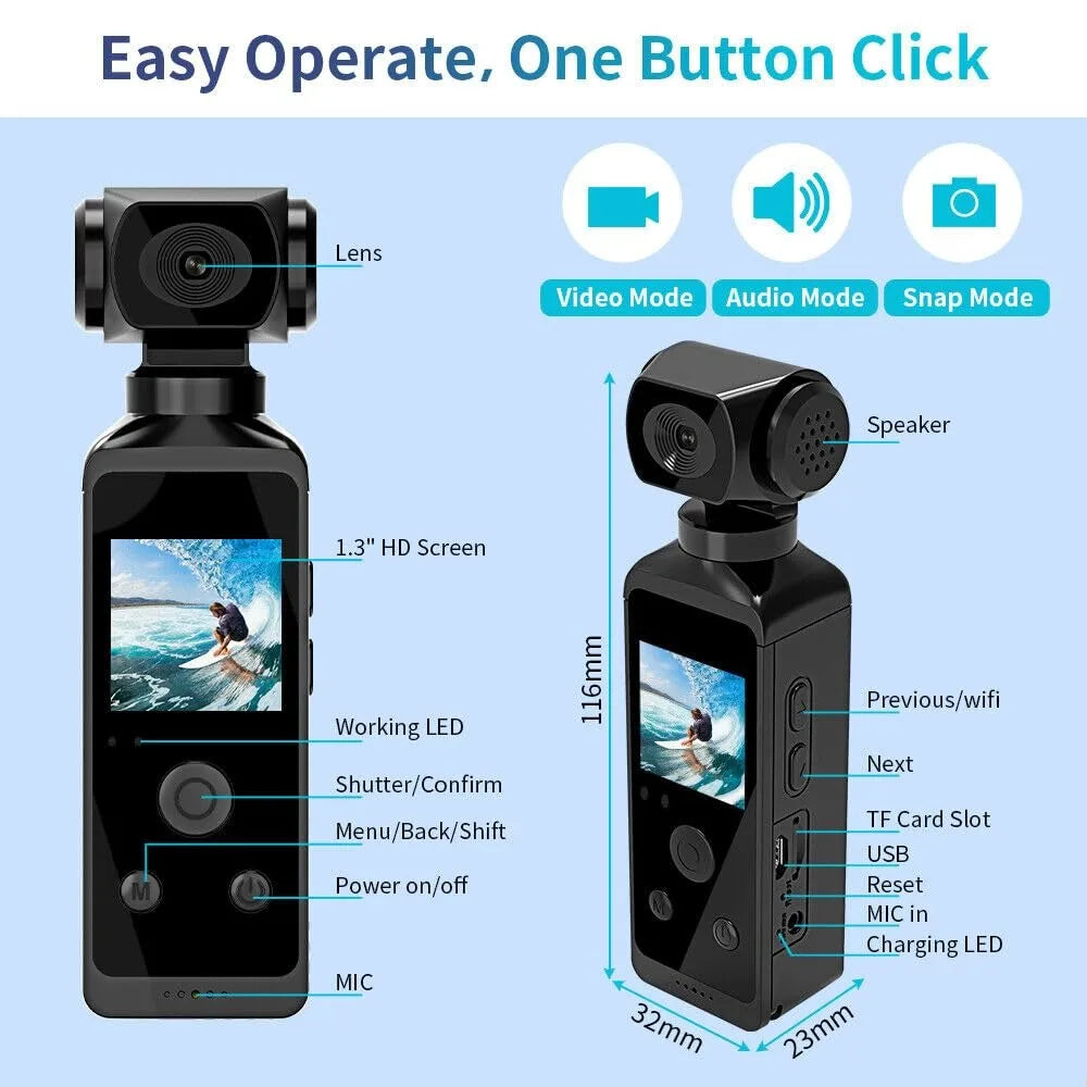 4K HD Pocket Action Camera 270° Rotatable Anti Shaking Wifi Sports Camera 30m Waterproof Small Video Camcorder for Photography