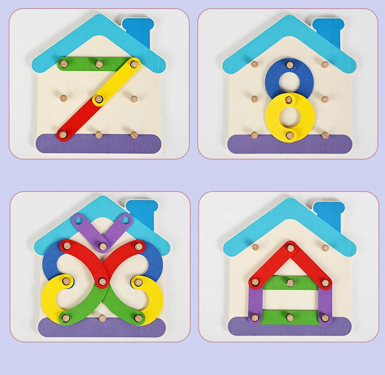 Wooden Geometric Pegboard Construction and Pattern Puzzle Set
