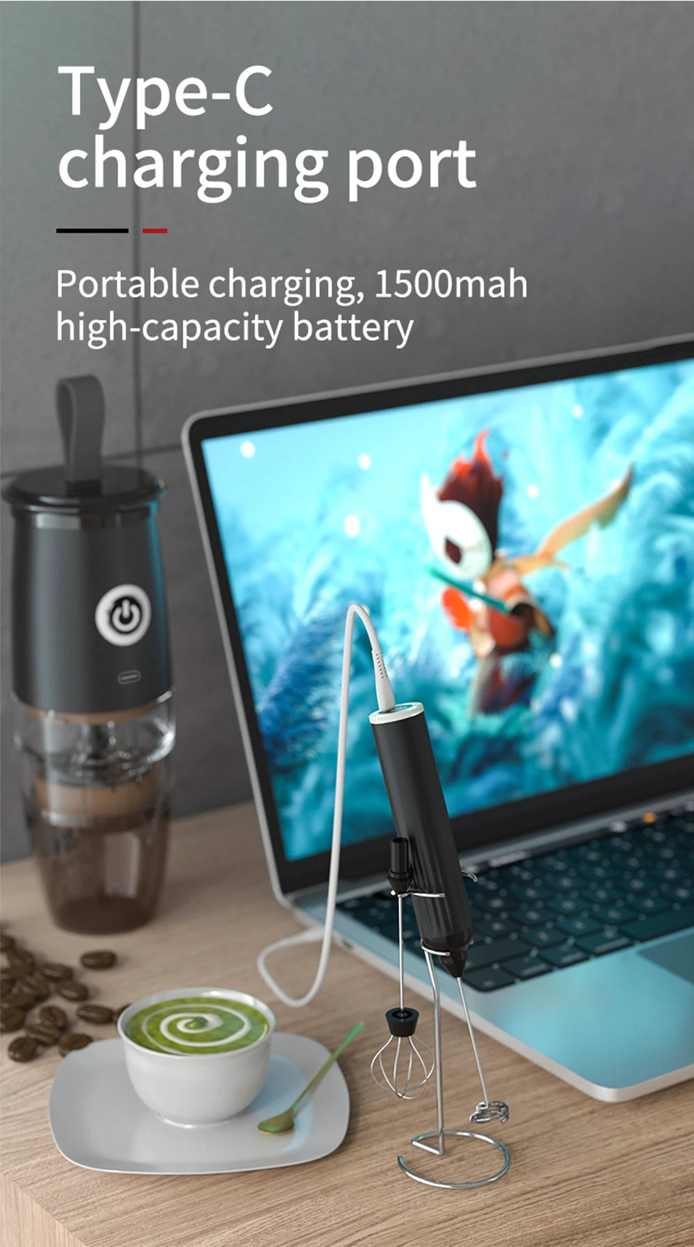 Electric Milk Frother USB Rechargeable Wireless Milk Foamer Coffee Whisk Mixer Egg Beater Mini Frother Handle Stirrer 3 Speeds