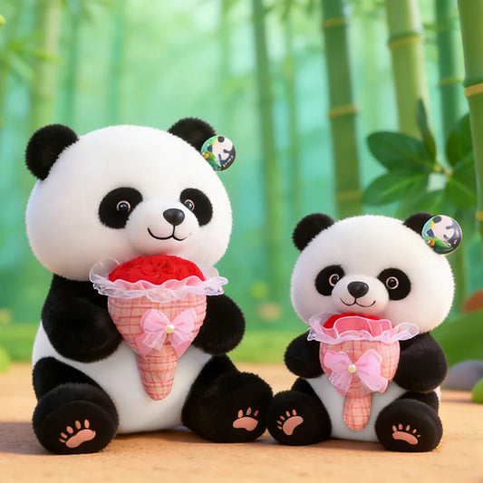 Kawaii Panda Plush Toy with Flower Bouquet Soft Stuffed Doll