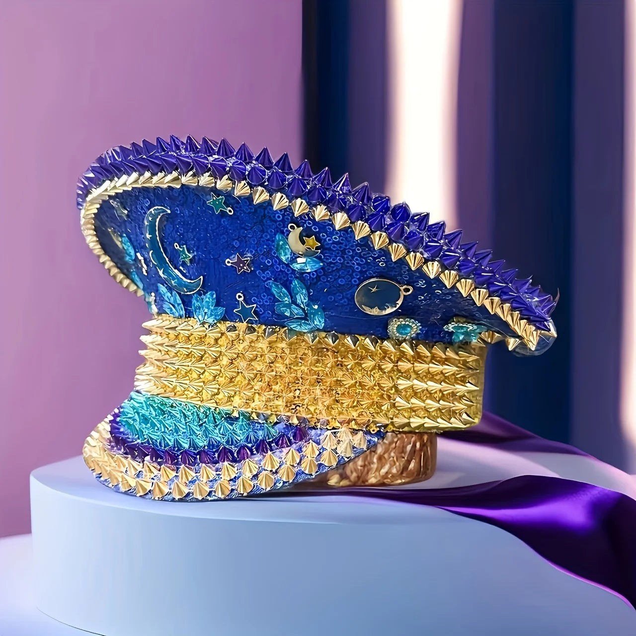 Ramadan Festival Captain Hat Moon Blue Gold Rivet Unisex Adult Military Cap Rhinestone Hen Do Hat Steampunk Masquerade Party