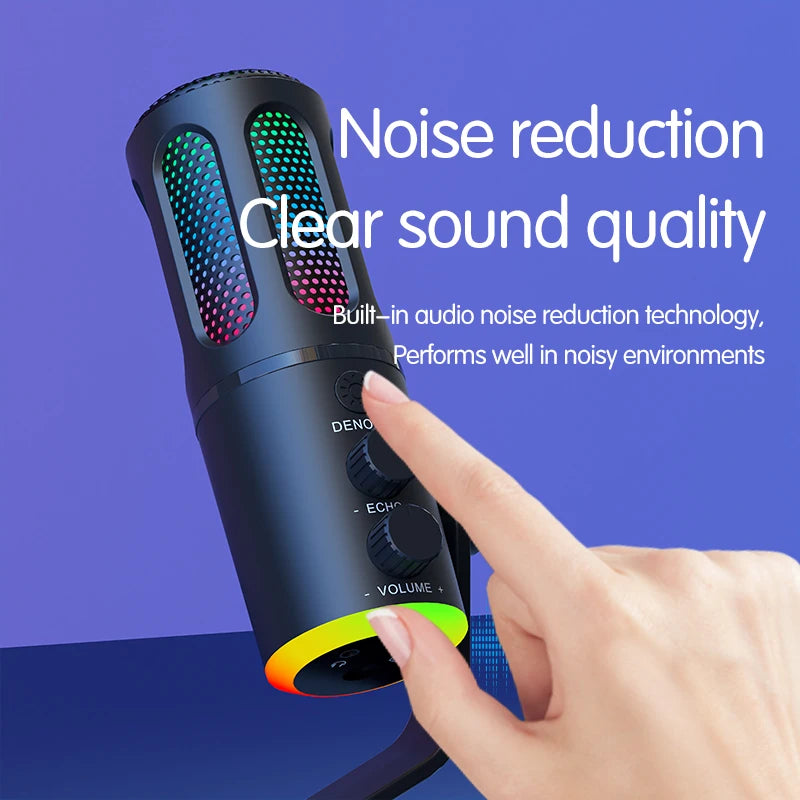 USB condenser microphone with RGB light, DSPnoise reduction, independent monitoring, used for media recording and live streaming