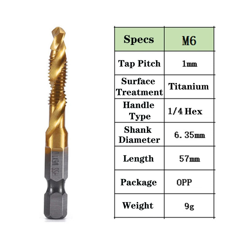 1pcs Hex Shank Titanium Plated HSS Screw Thread Metric Tap Drill Bits Screw Machine Compound Tap M3 M4 M5 M6 M8 M10 Hand Tools