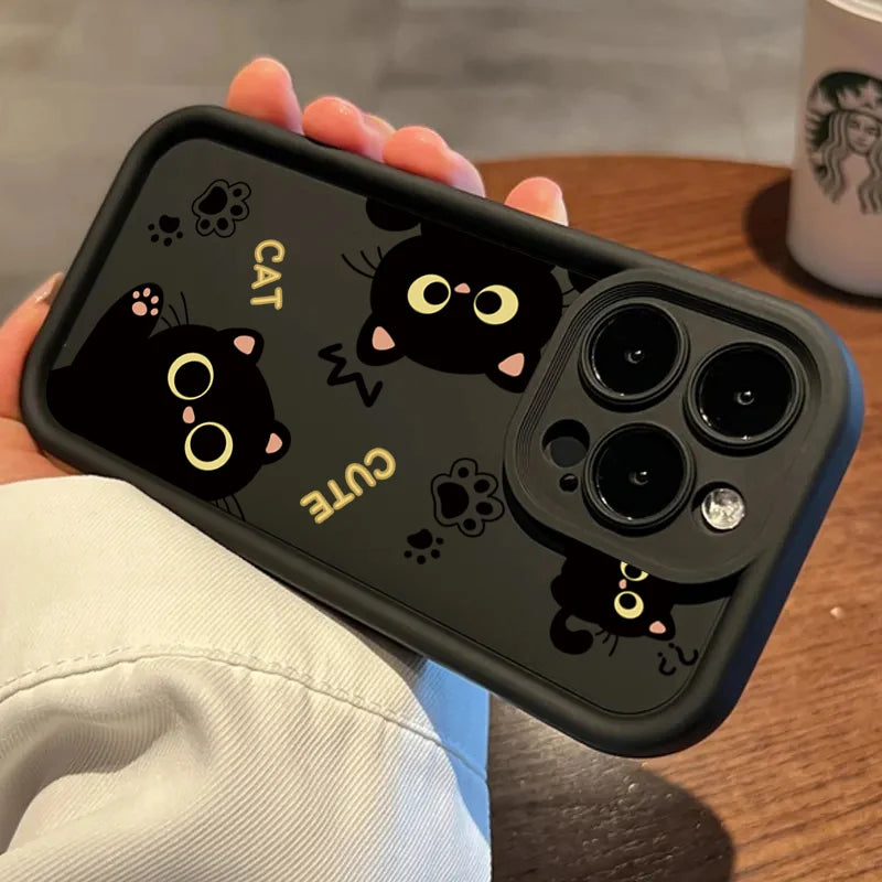 Lovely Black Cat Silicone Case For iPhone 17 16 15 14 Pro Max 16E 16 Plus 17Air Shockproof Back Covers