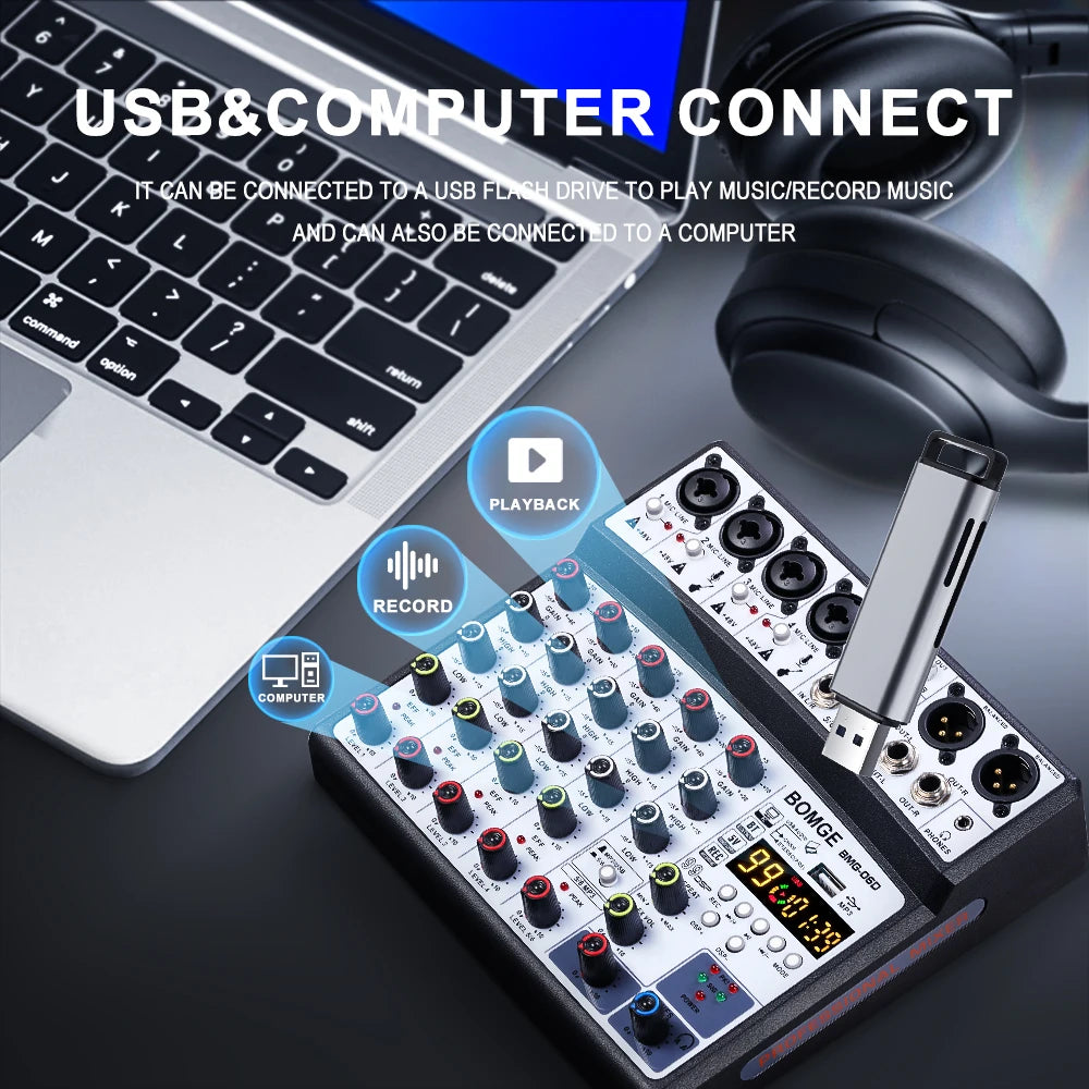 6 Channel Audio Mixer Console with USB Bluetooth 99 DSP Effects and 48V Phantom Power