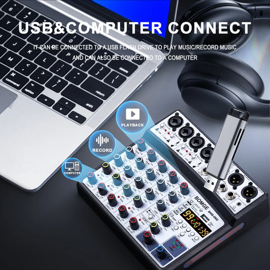 6 Channel Audio Mixer Console with USB Bluetooth 99 DSP Effects and 48V Phantom Power