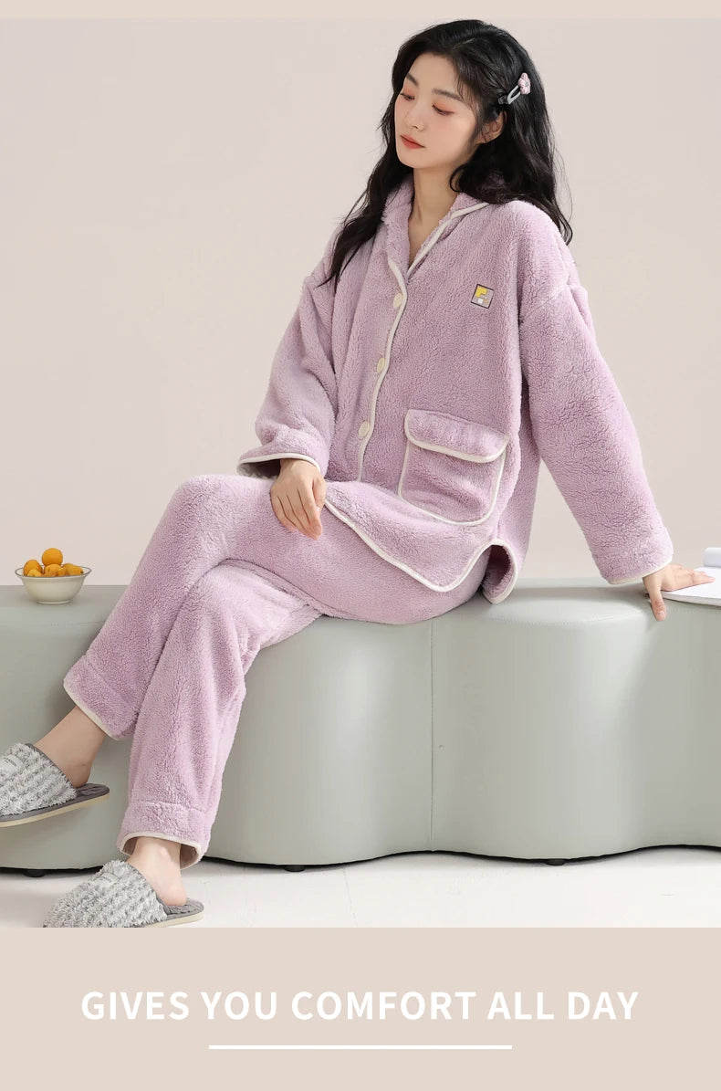 Women’s Christmas Fleece Pajama Set – Warm Flannel Zipper Sleepwear, Thick Coral Velvet