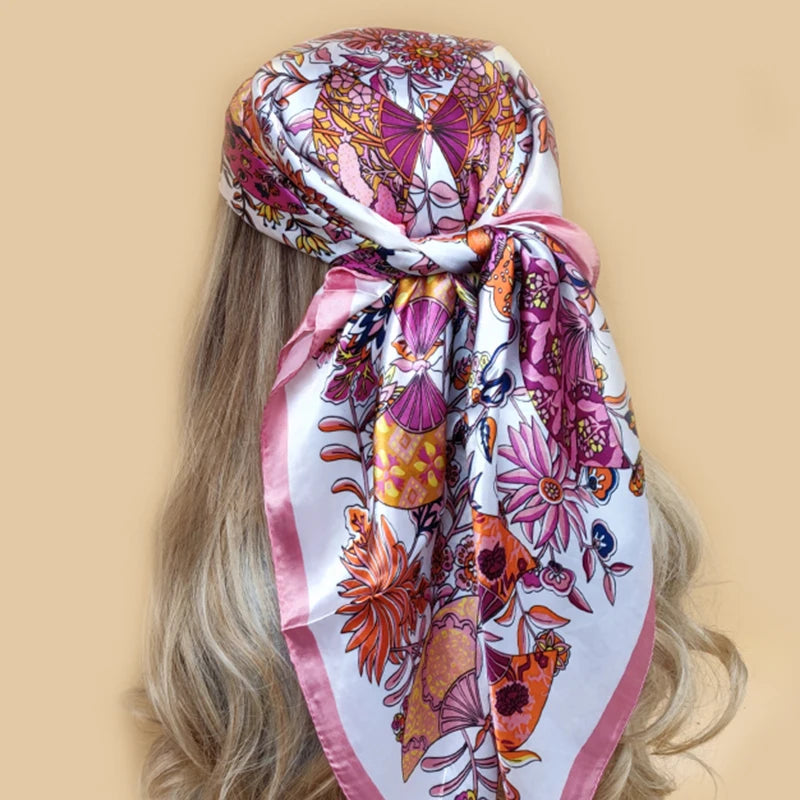 Kerchief Silk Satin Neck Scarf Women Print Hijab Female Square Shawls Wraps office Lady muffler bandanna
