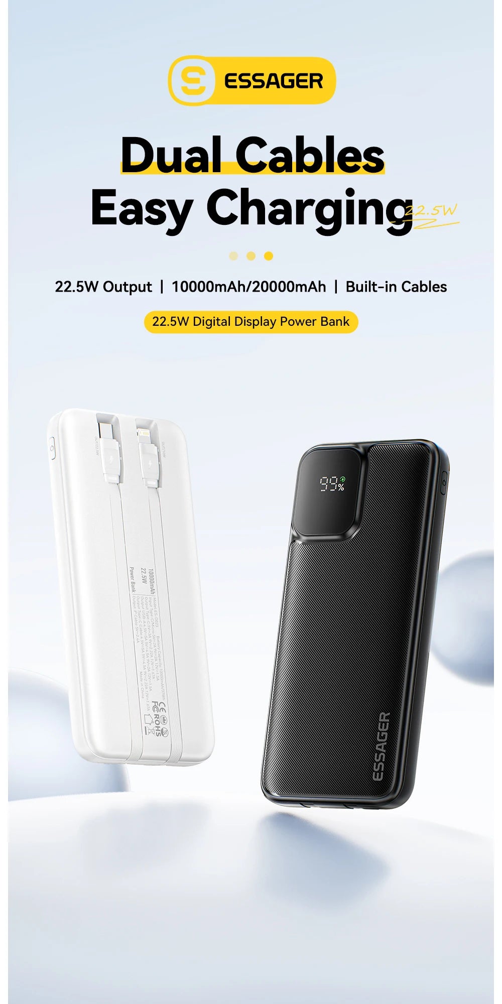 20000mAh Power Bank 22.5W PD Fast Charging with Built-in Type-C & Lightning Cables Digital Display Portable Charger