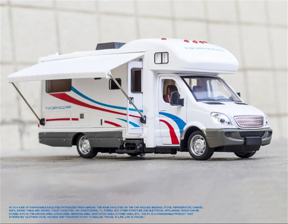 1:32 Alloy Diecast Touring Car Model Toys 3 Doors Opened Sound Light Campervan RV Trailer Vehicles s Toy Gift Collection