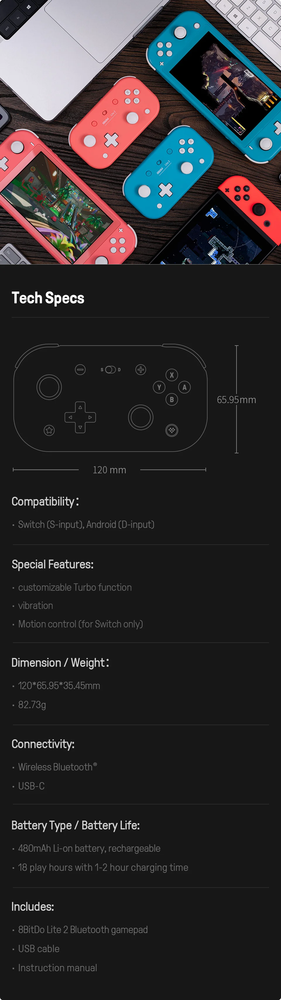 Compact Bluetooth Gaming Controller for Nintendo Switch and Android