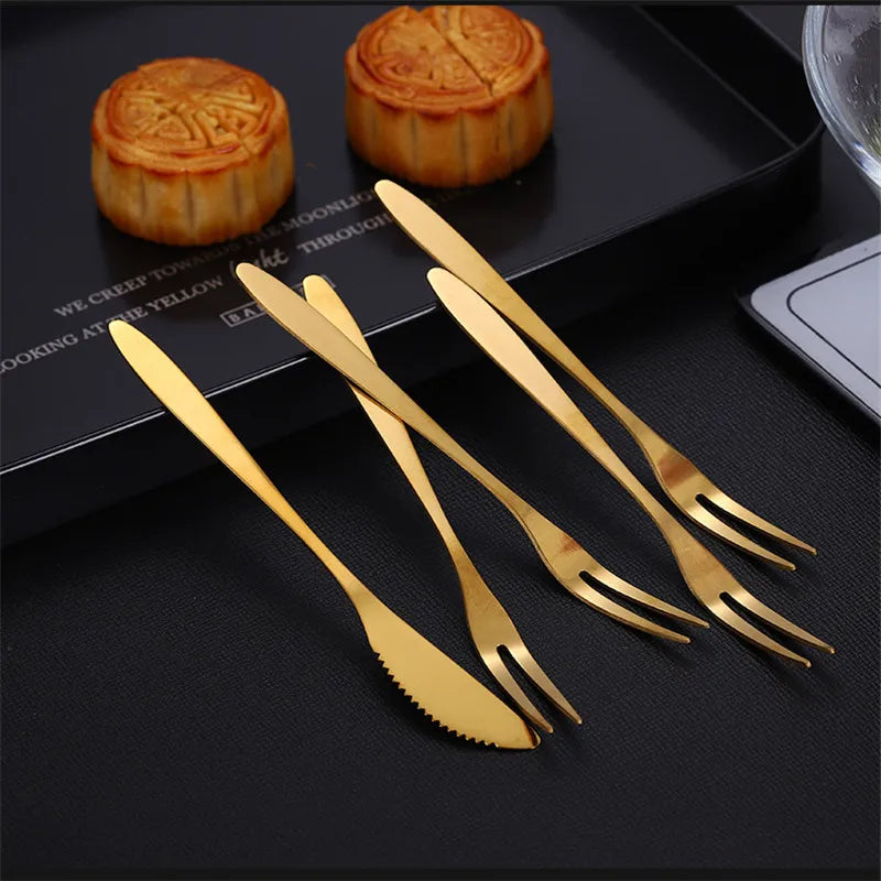 10pcs Stainless Steel Fruit Fork Small Toothpick Multifunctional Fruit Stick Gold Moon Cake Knife Food Picks Kitchen Accessories