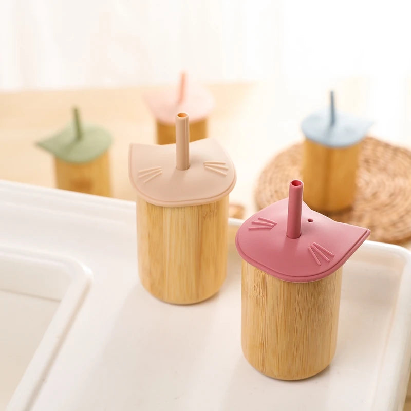 Baby Feeding Cup Cat Shape Bamboo Silicone Sippy Cups Safe Leakproof Children Learning Drinking Sippy Cup Kids Birthday Gifts