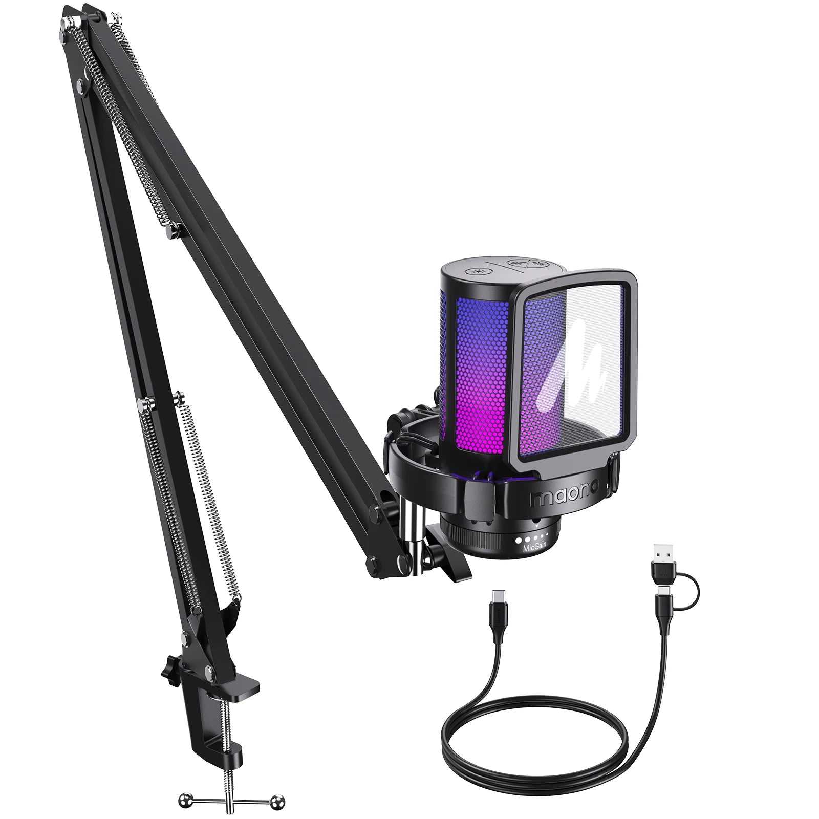 DGM20S USB Microphone Gaming Mic Condenser Mic RGB Mic Noise Canceling Mic with Mic Gain,RGB Light,One key mute