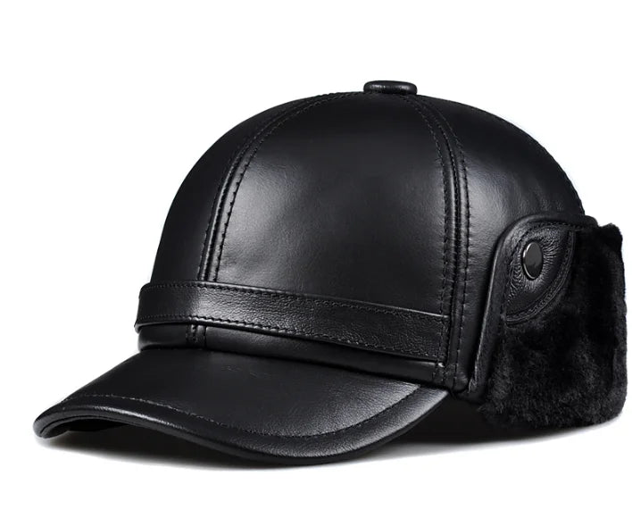 Winter Men's  Hat Thicken Leather Cowhide Baseball Caps With Ears Warm Snapback