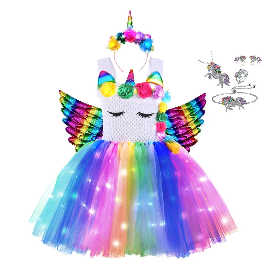 Girl Unicorn Dresses for Girls Tutu Princess Party Dresses with LED Lights Flower Birthday Party Cosplay Costume Girls Clothing