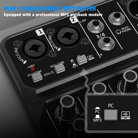 4 Channel Audio Mixer With Bluetooth USB And 48V Phantom Power For Recording