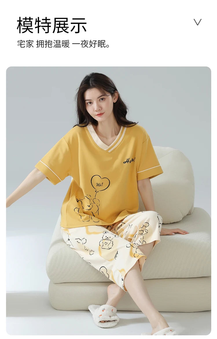 2-Pcs Women’s Summer Cotton Pajama Set – Breathable Short Sleeve Sleepwear with Cute Prints